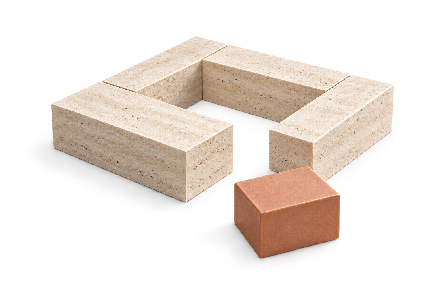 An open pale limestone assembly with a terracotta ceramic piece beside the space it could complete.