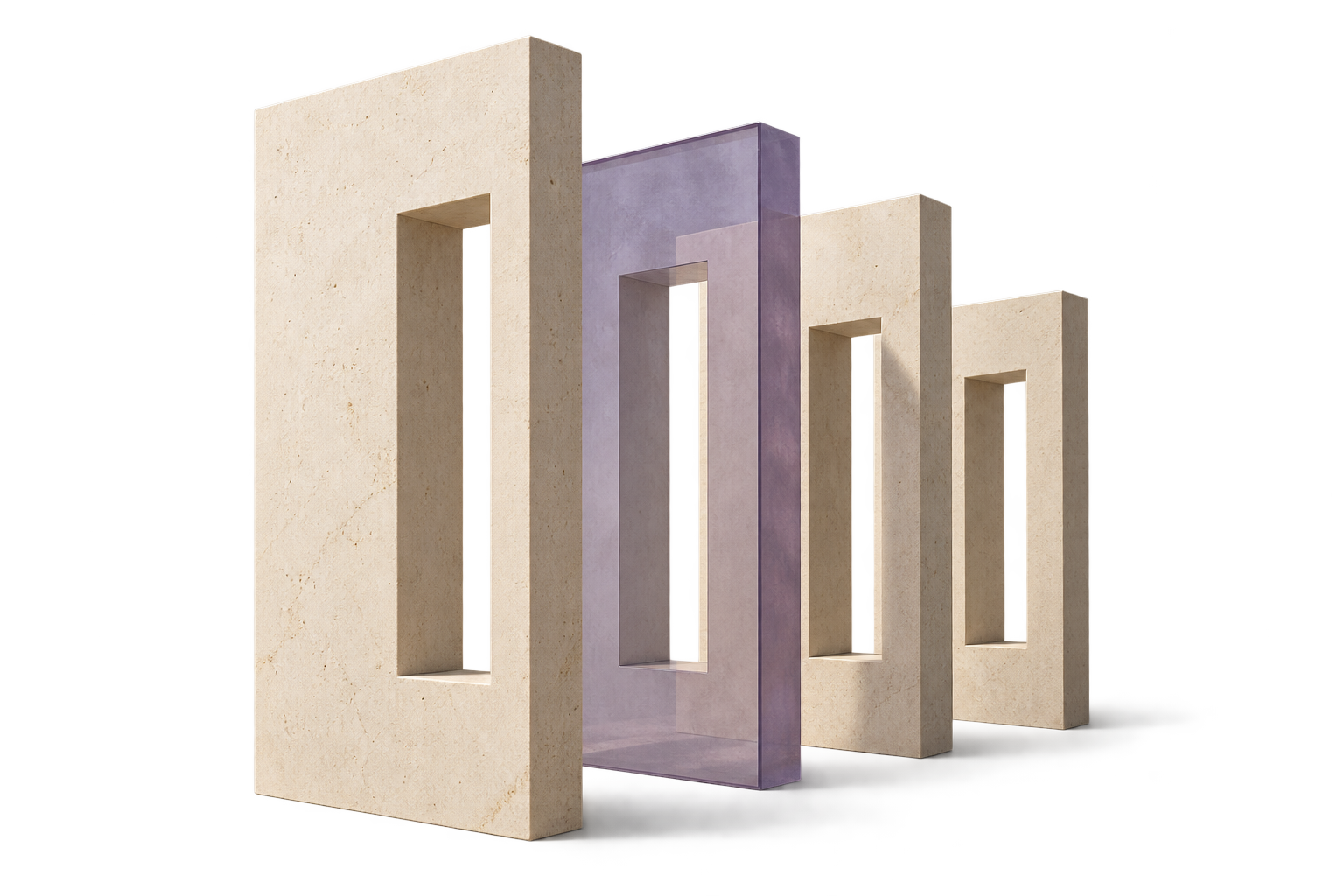 Four sharply cut stone and translucent lilac planes, with rectangular openings revealing successive layers.