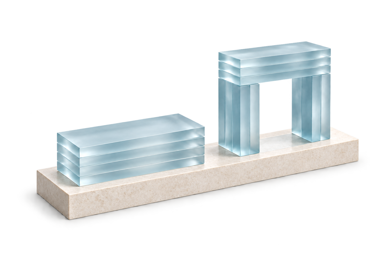 Two frosted ice-blue glass assemblies resting on one continuous pale foundation.