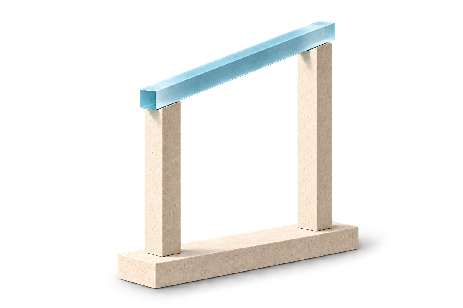 A pale cyan glass beam rising from the angled top of a lower solid limestone pylon to a taller one, with shaded faces and visible contact shadows.
