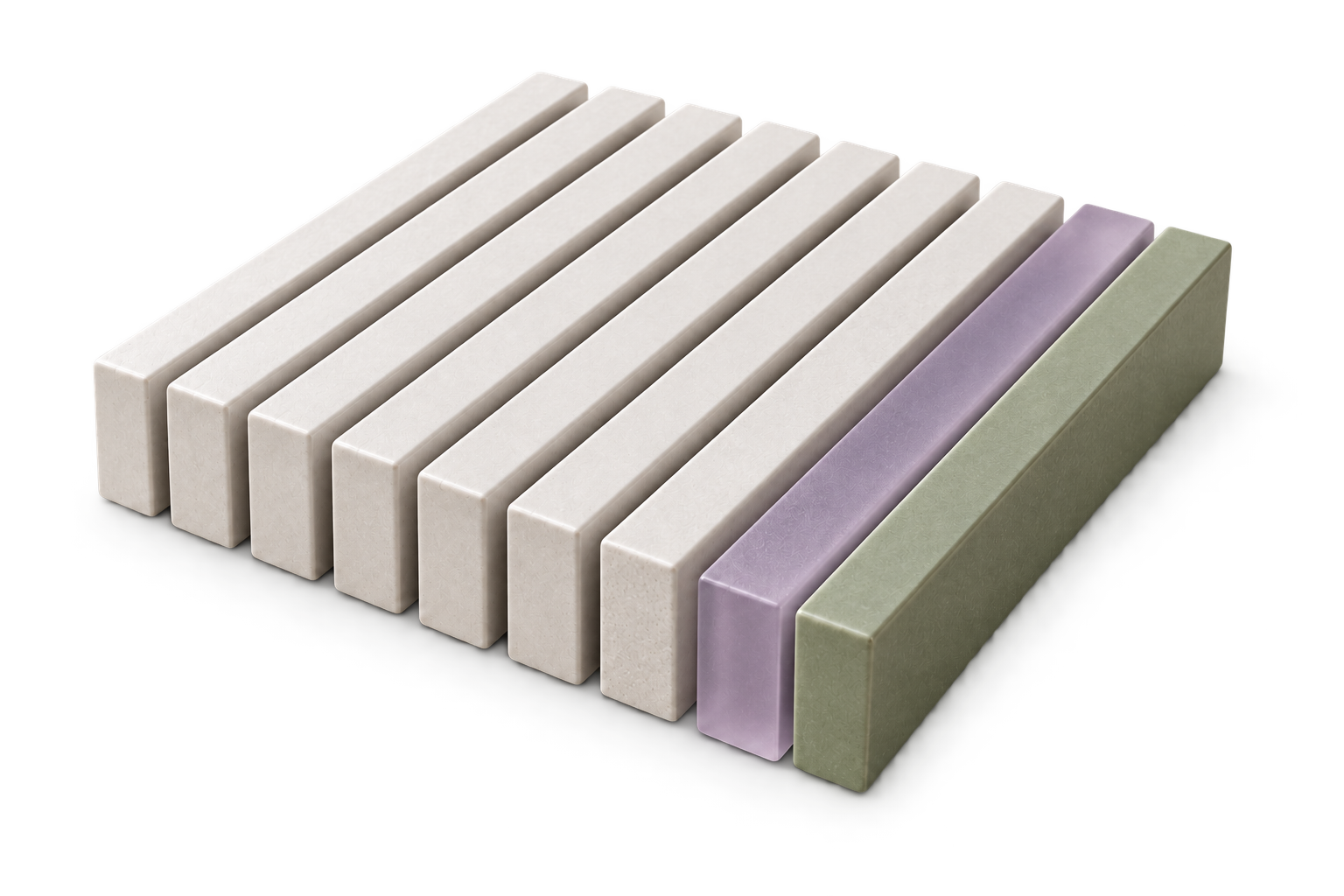 Identically shaped straight tiles: homogeneous ivory porcelain with lilac and sage counterparts.